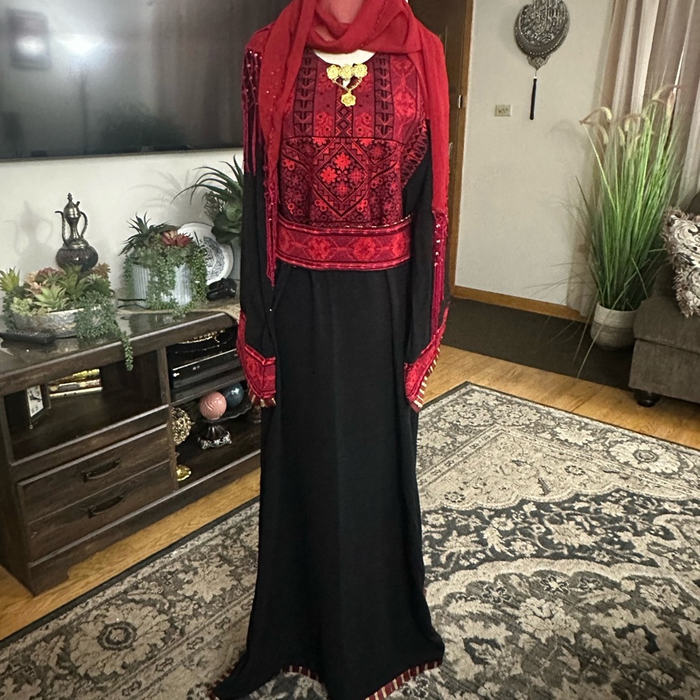 Elegant Red and Black Embroidered Palestinian thobe